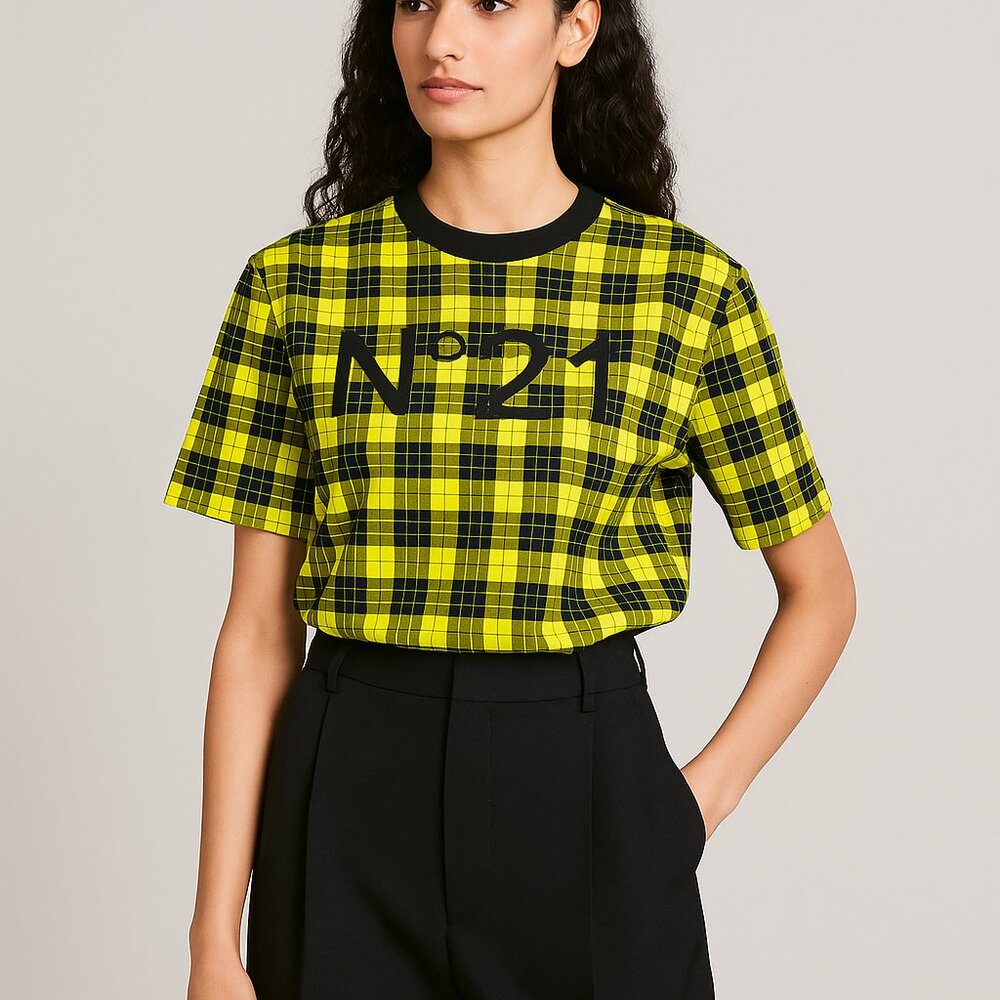 N°21 Yellow & Black Plaid T-Shirt — Designer Logo Tee